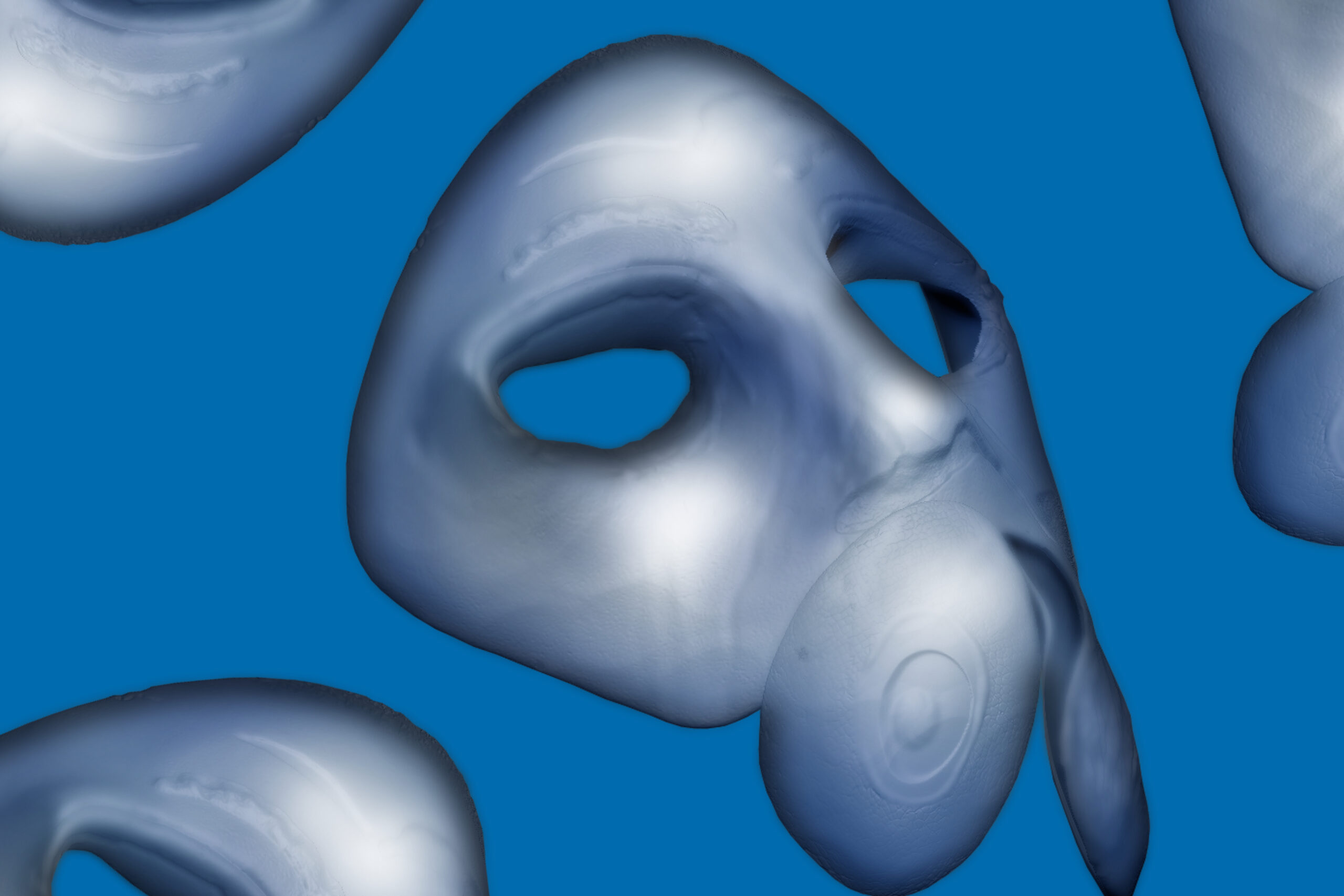 Three 3D printed Greek masks float on a blue background
